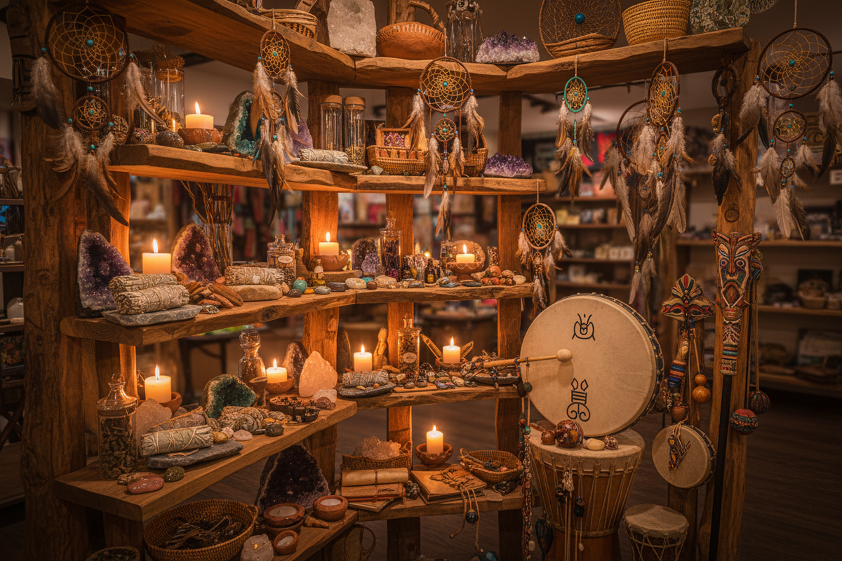 Dekorative Traumfänger, Heilsteine und spirituelle Accessoires auf Holzregalen in einem Bioladen.