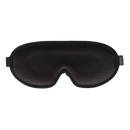 Schwarze welltouch schlafmaske aus satin mit verstellbarem gummiband und markenlabel, ideal für tiefenentspannung