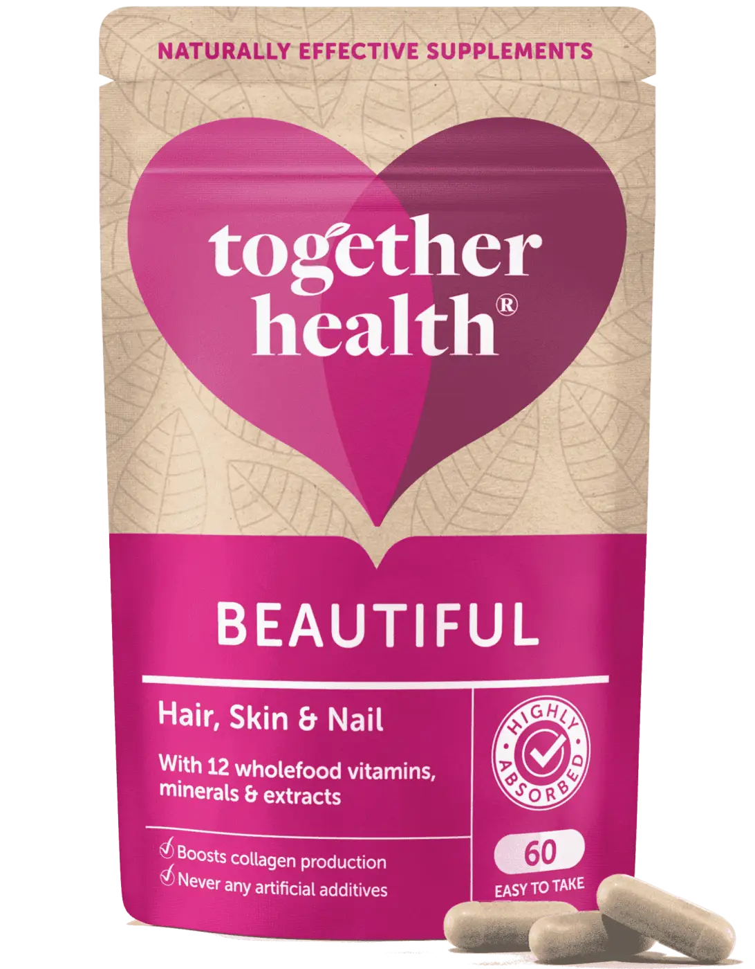 Schön Vitaminpräparat von Together Health für Haare, Haut und Nägel, in rosa Verpackung, als Nahrungsergänzungsmittel.