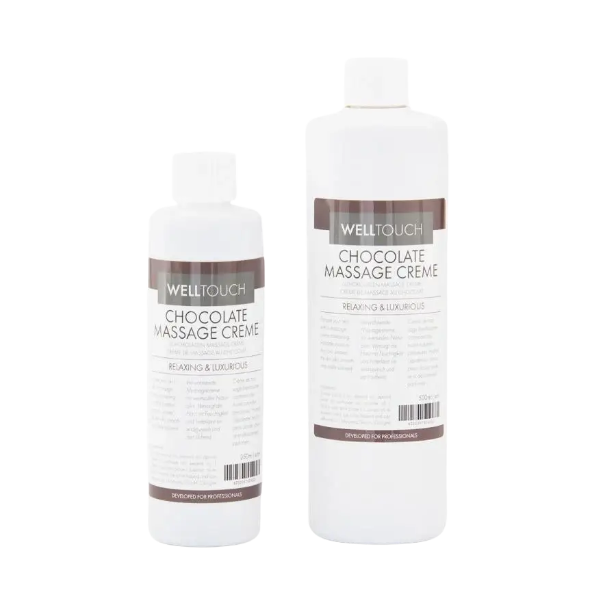Weiße Plastikflasche mit WellTouch Schokoladenmassage-Creme von Mana Shop, cremige Massagecreme für entspannende Anwendungen.