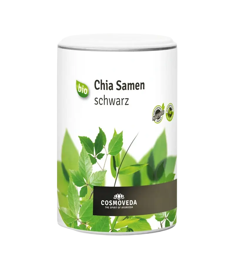 Schwarze Bio-Chiasamen von Cosmoveda, vegetarisches Lebensmittel, nährstoffreiche Omega-3-Quelle, in einer offenen Packung.