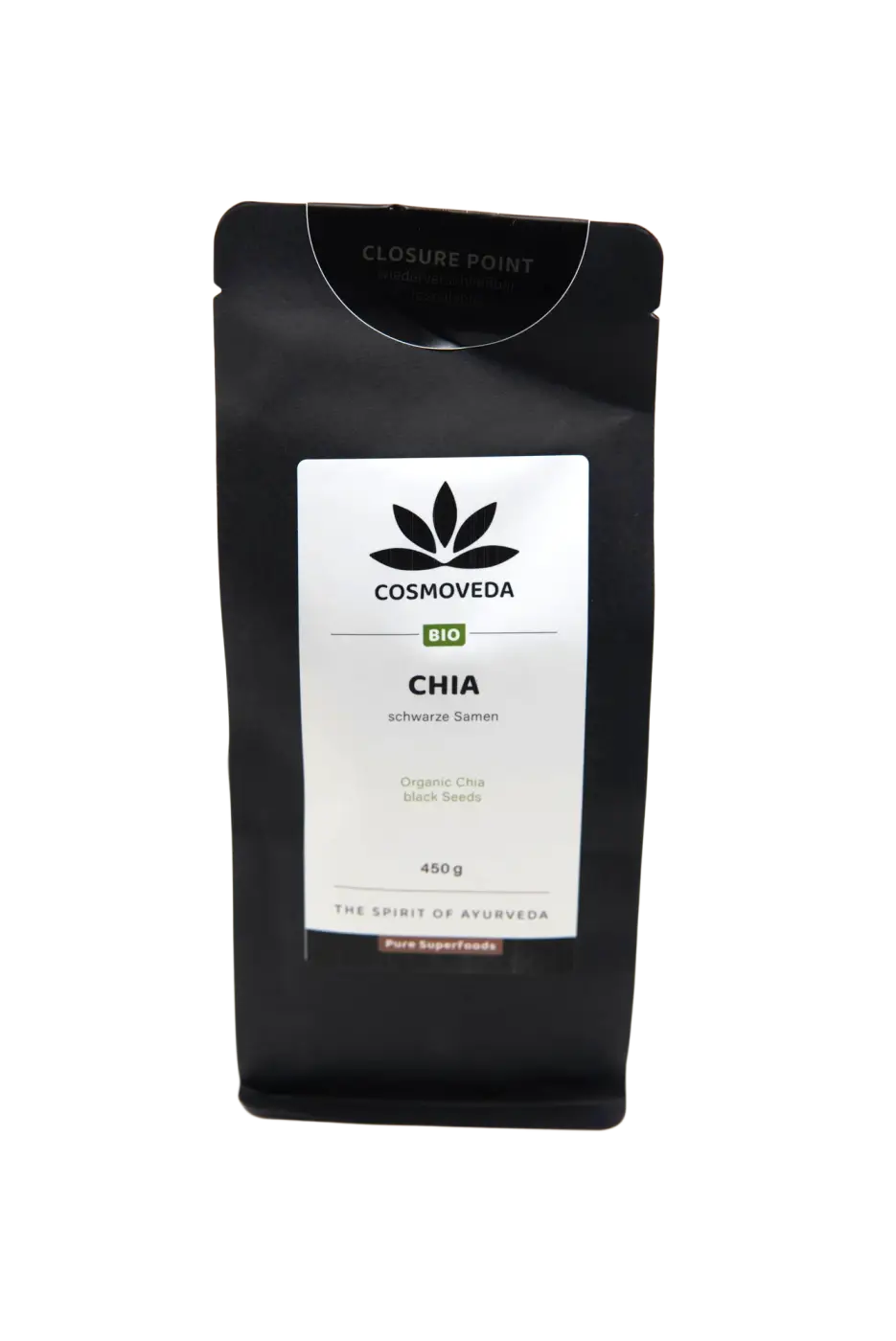 Schwarze Bio-Chiasamen von Cosmoveda in einer offenen Packung, vielseitiges vegetarisches Lebensmittel mit Omega-3-Quelle