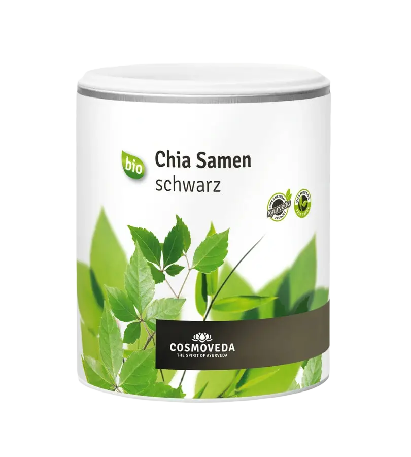Schwarze Bio-Chiasamen von Cosmoveda, vegetarisches Lebensmittel, natürliche Omega-3-Quelle, in einer offenen Packung.