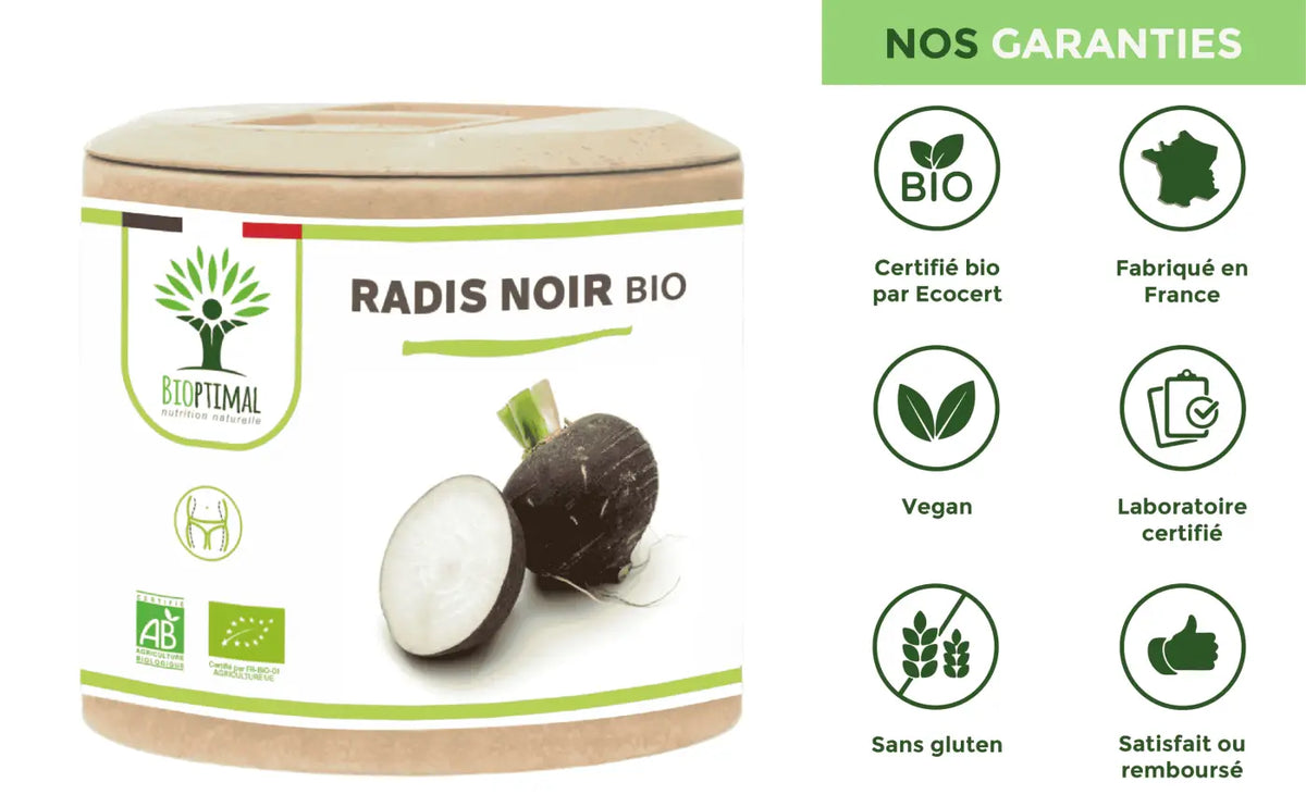 Schwarzer Rettich aus biologischem Anbau in Kapseln, Nahrungsergänzungsmittel von Bioptimal, Nahaufnahme der Kapseln.