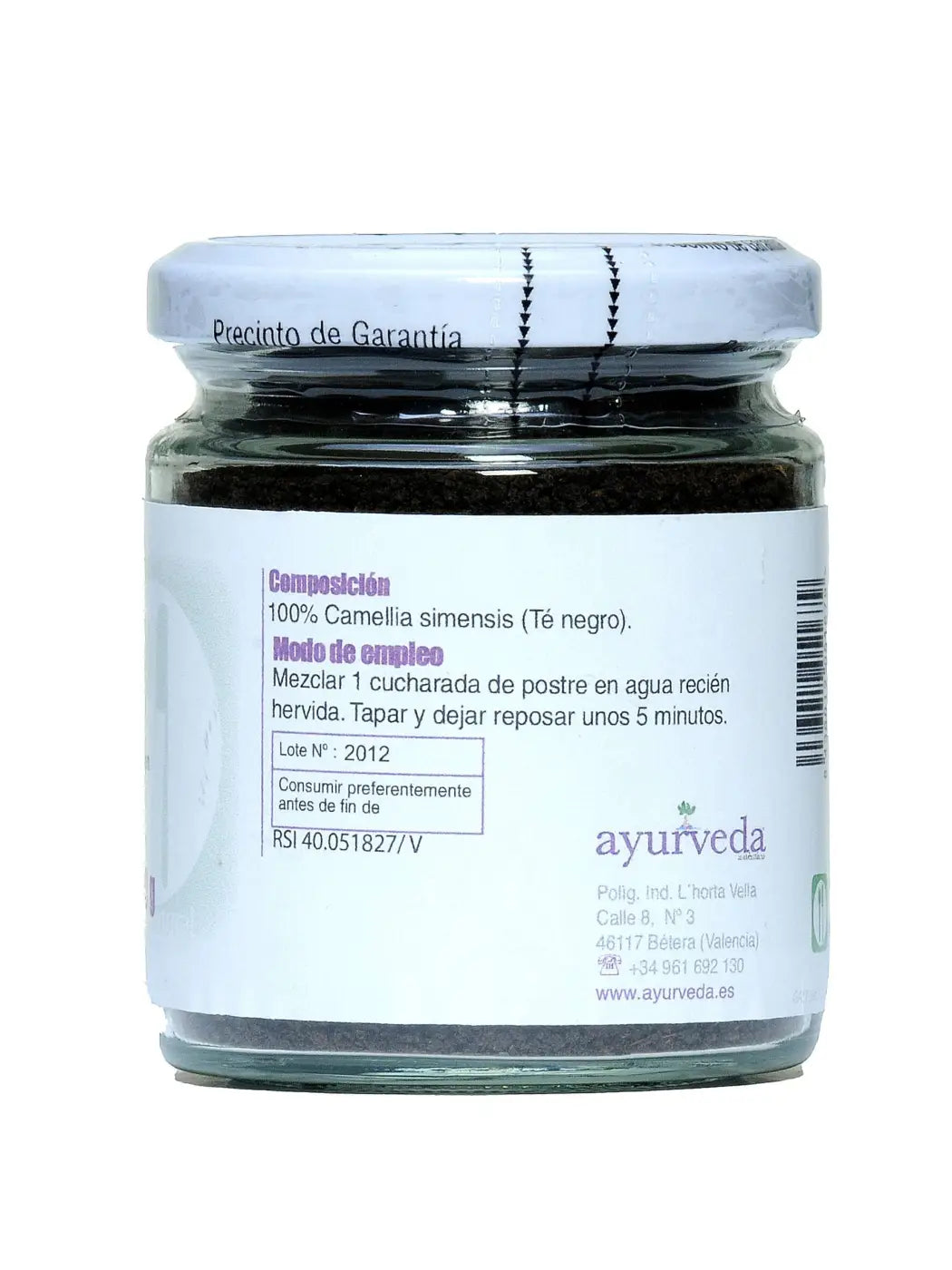 Schwarzer Tee in 100 g Glas mit weißem Deckel und Etikett, Ayurveda Auténtico, gefüllt und bereit zum Genießen