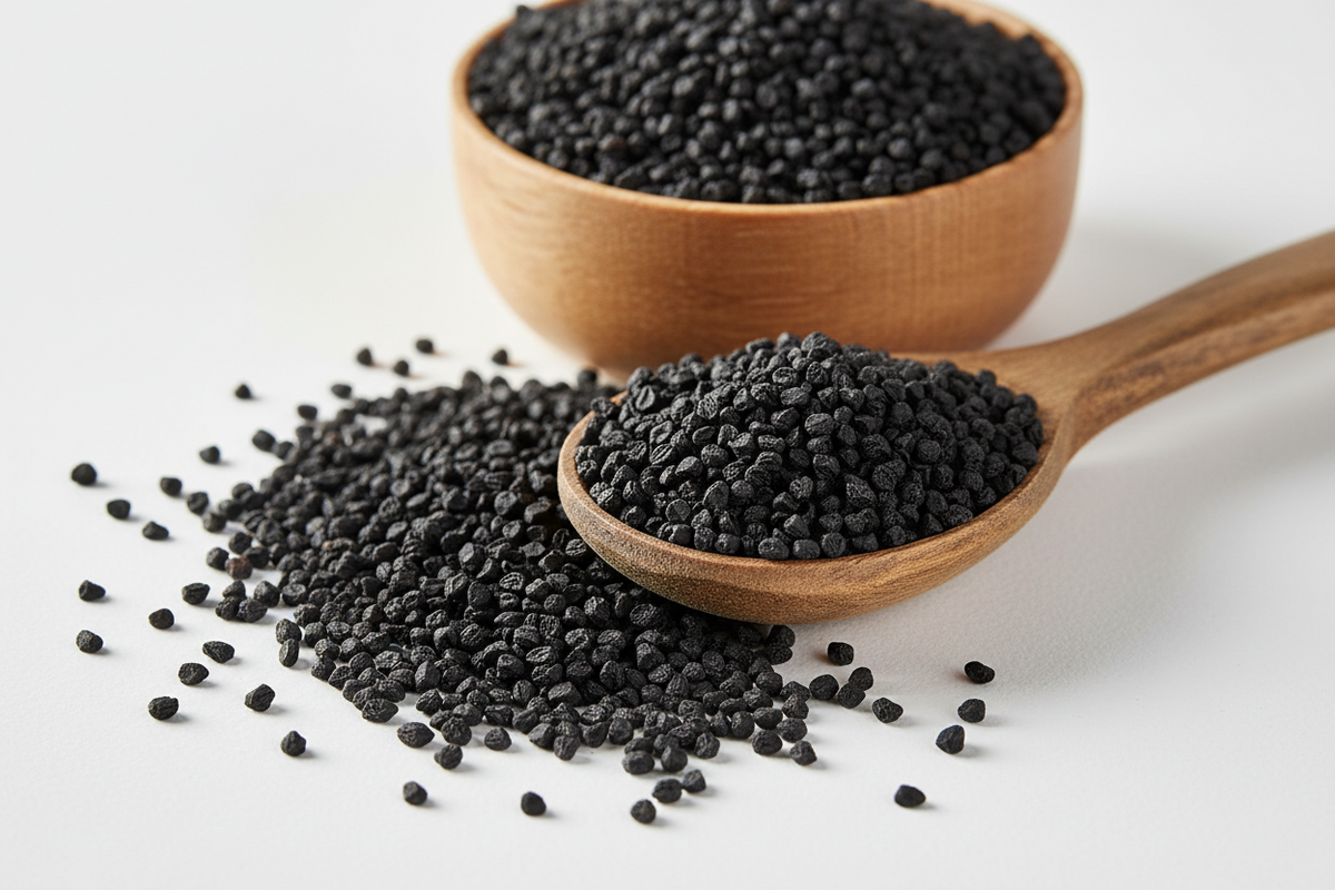 Schwarze Nigella-Samen in einer Holzschüssel und einem Holzlöffel auf weißem Hintergrund.