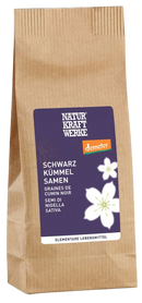 Braune papiertüte mit lila etikett und weißen floralen mustern enthält nährstoffreiche schwarzkümmel samen als superfood für ihre gesundheit