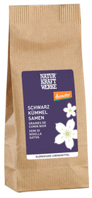 Schwarzkümmel Samen von NaturKraftWerk, 100 g, Nüsse & Samen, dunkle Samen in einer transparenten Schale.