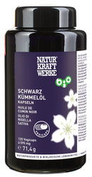 Bio Schwarzkümmelöl Kapseln von NaturKraftWerk, vegane Nahrungsergänzung in schwarzen Kapseln, ideal für Gesundheit und Wohlbefinden.