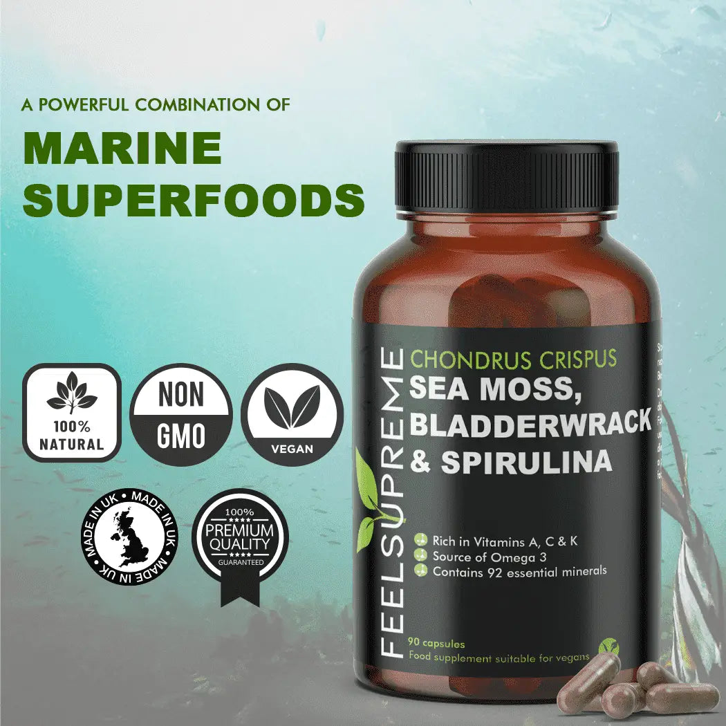 Seemoos Nahrungsergänzung mit Blasenwrack und Spirulina, braune Tablette, natürliche Meeresalge für Gesundheit, Feel Supreme.