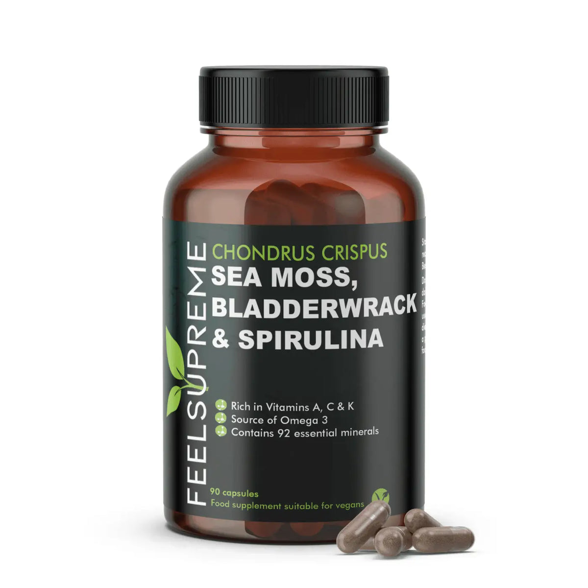 Braunes Seemoos mit Blasenwrack und Spirulina, Nahrungsergänzung von Feel Supreme, zeigt die getrockneten Meerespflanzen.