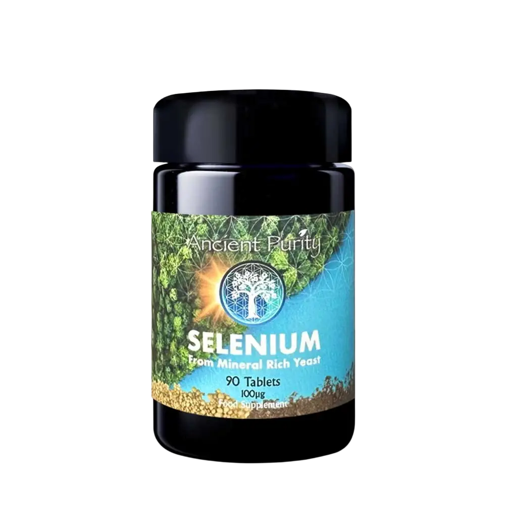 Ancient Purity Selen Nahrungsergänzungsmittel mit mineralstoffverstärkter Hefe, bioverfügbar, in praktischer Verpackung.