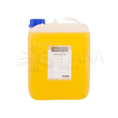 Ein transparenter gelber kunststoffkanister mit blauem deckel und weißem griff, hochwertiges sesamöl erste kaltpressung welltouch für ayurvedische behandlungen