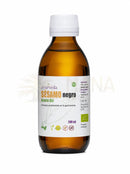 Ein 200 ml bernsteinfarbenes glasflasche sesamöl bio kaltgepresstes öl mit weißem schraubverschluss und grünem bio-siegel für öl zum kochen