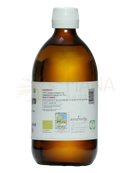 Braune glasflasche mit weißem schraubverschluss und etikett ayurveda bio kaltgepresstes sesamöl 500 ml öl zum kochen