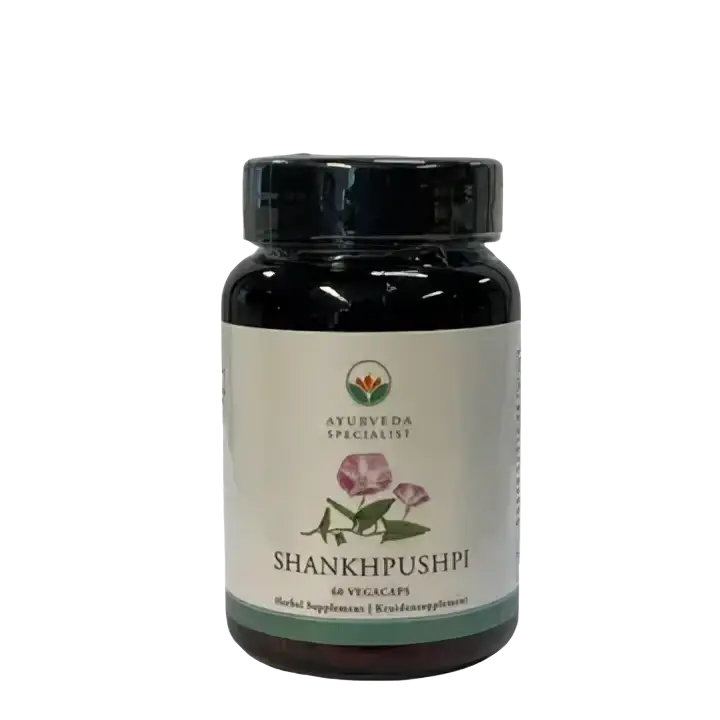 Shankhpushpi Nahrungsergänzung in 60 Kapseln, Ayurveda Kräuterextrakt, Mana Shop, braune Kapseln in einer Packung
