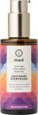 Shatavari everyoung ganzheitliches verjüngendes öl in dunkelbrauner glasflasche mit goldpumpe und buntem etikett mana shop