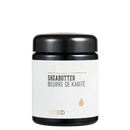 Schwarzes glas jar mit mattem schwarzdeckel und minimalistischem weißem label mit sheabutter bio 200g und goldener tropfensymbolik
