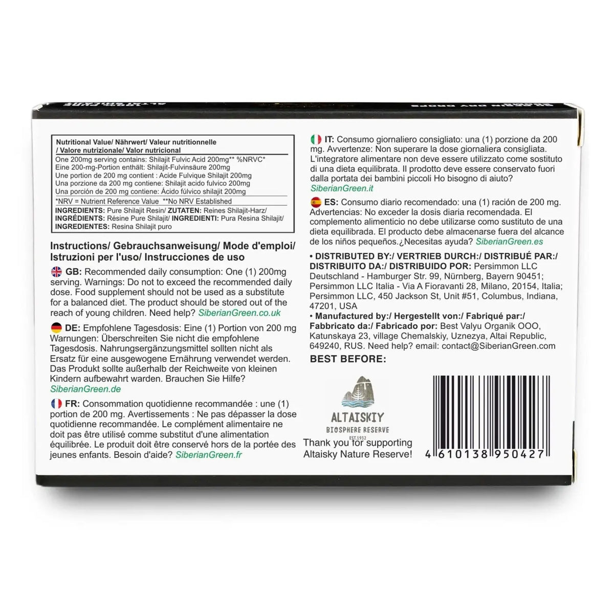 Sibirisches Shilajit Nahrungsergänzung in 120 trockenen Tropfen, SiberianGreen, aus den Goldenen Bergen, naturbelassen und kraftvoll