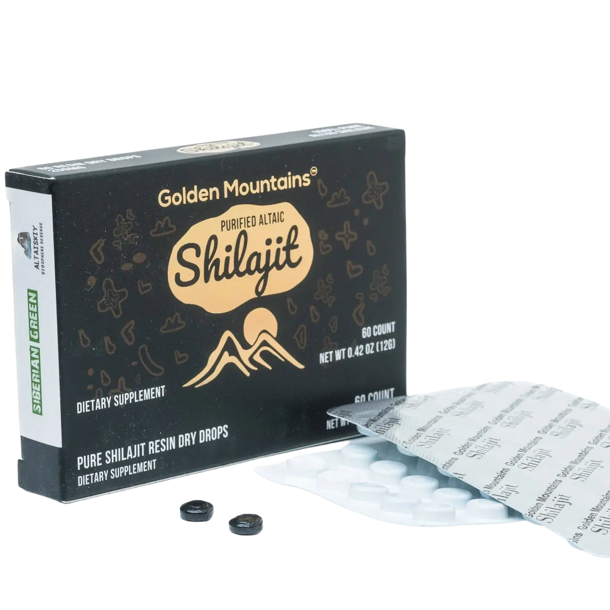 Sibirisches Shilajit in 60 Trocken-Tropfen von SiberianGreen, Nahrungsergänzung, dunkle Flasche mit Tropfenzähler, goldene Berge im Hintergrund