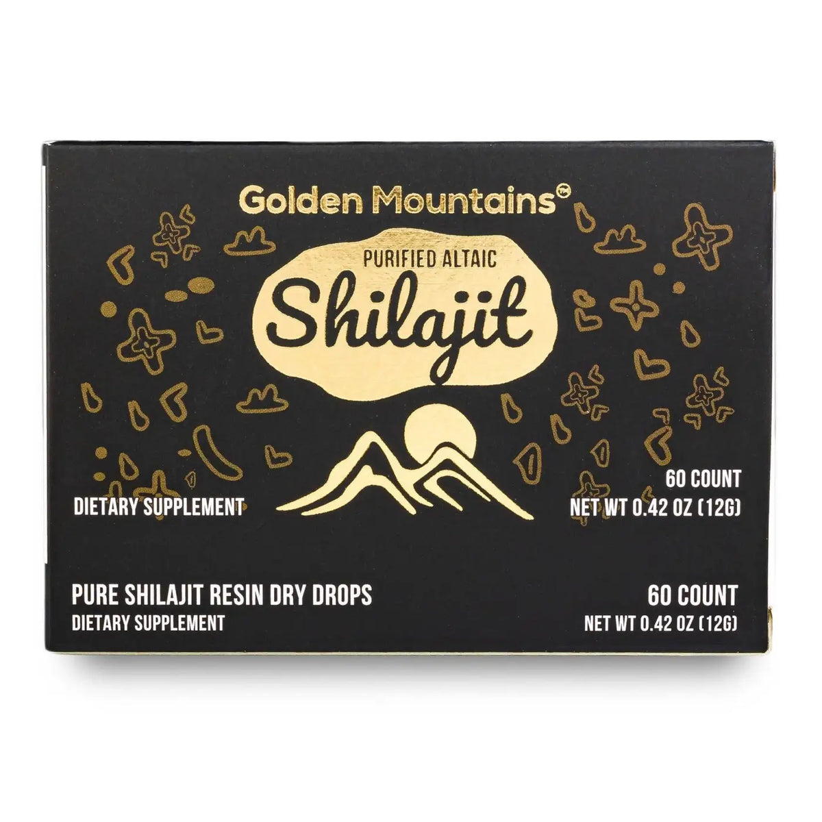 Sibirisches Shilajit Nahrungsergänzung in 60 Trocken-Tropfen Flasche, SiberianGreen, mit goldener Berge Verpackung sichtbar