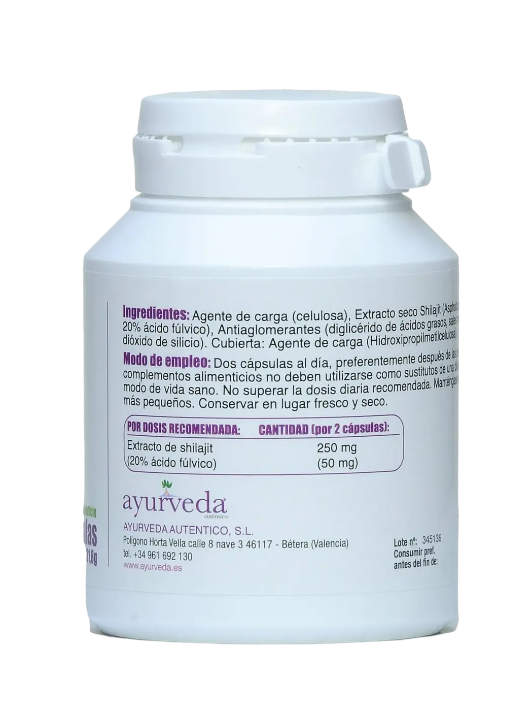 Weiße plastikflasche mit weißem schraubverschluss ayurveda etikett und shilajit extrakt kapseln in vegetable capsule form von mana shop