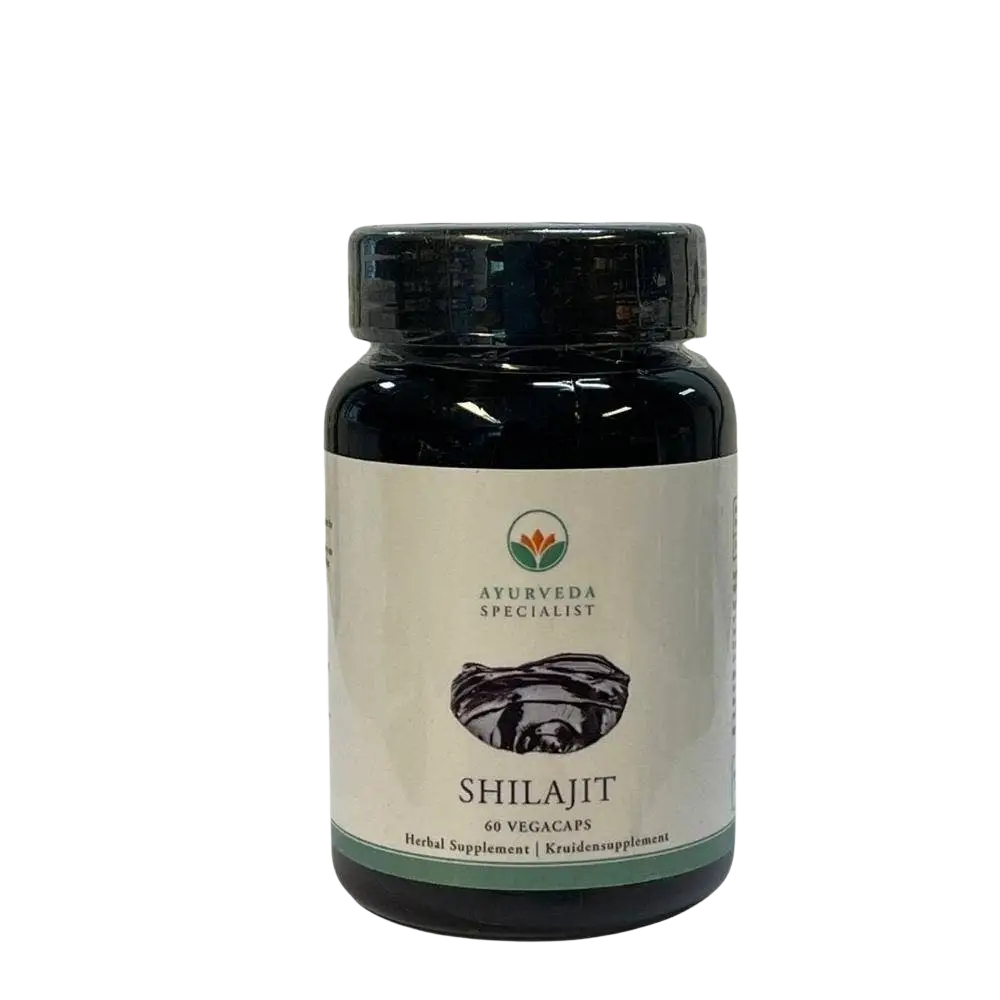 Shilajit-Extrakt Pur 500 mg mit 50% Fulvinsäure, Nahrungsergänzungsmittel von Ayurveda Specialist B.V. in einem Glasbehälter