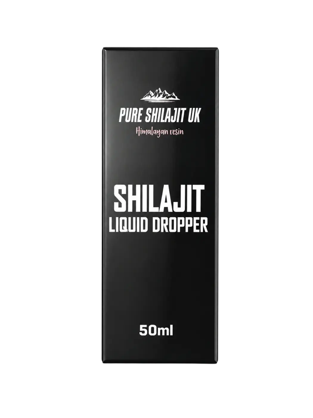 Schwarze rechteckige flasche mit pure shilajit uk himalayan resin etikett und 50ml shilajit flüssig himalaya tropfflasche