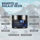 Dunkelblaues glasgefäß mit silbernem metallverschluss für 30 ml reine himalaya shilajit harz mit fulvinsäure