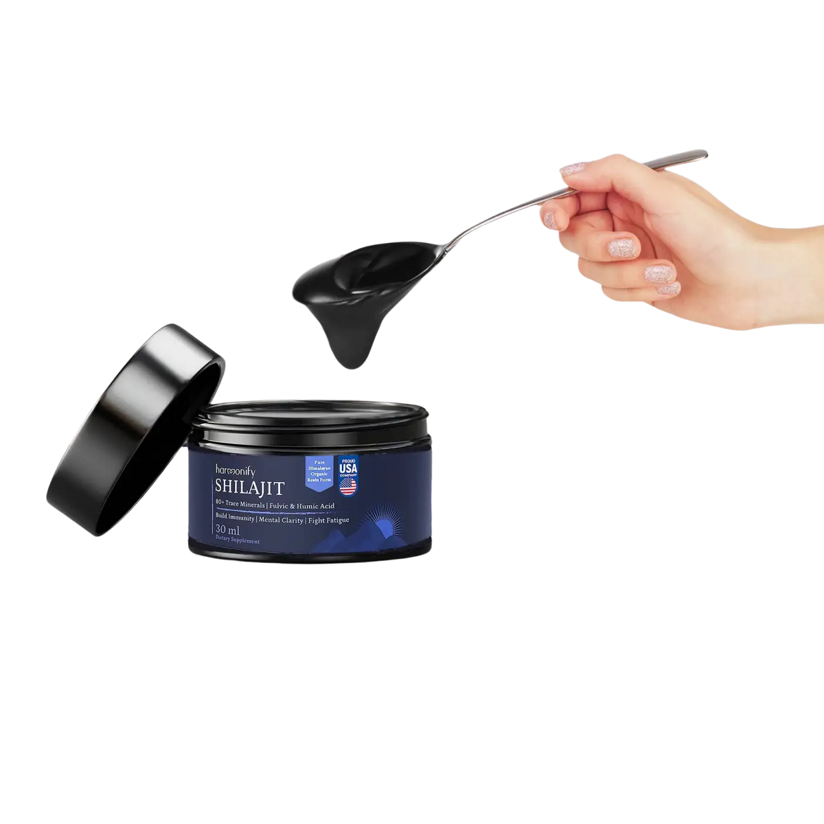 HarmoniFy Shilajit-Harz in Goldqualität, reines Himalaya-Shilajit als Nahrungsergänzung, dunkle Harzmasse im Glas