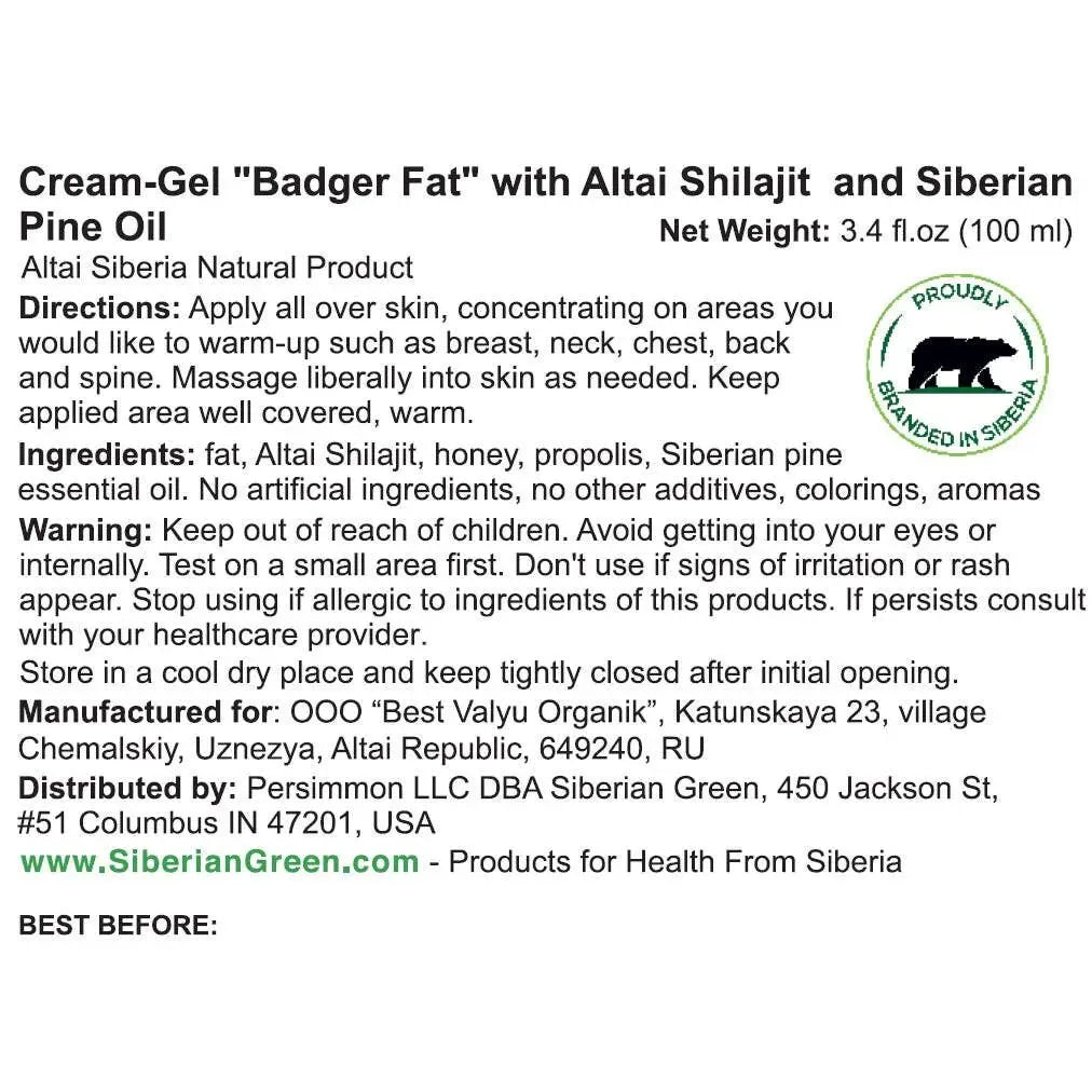 SiberianGreen Creme-Gel mit Badger Fat, Altai Shilajit und sibirischem Kiefernöl, 100ml, für die Körperpflege.