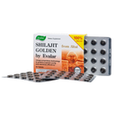 SiberianGreen Evalar Shilajit Gold Mumijo Harz in 60 Kapseln, Nahrungsergänzungsmittel mit goldener Verpackung und Kapseln.