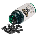 Eine dunkelgrüne glasflasche mit weißem etikett und schwarzen kapseln daneben golden mountains shilajit 500 mg vegane kapseln