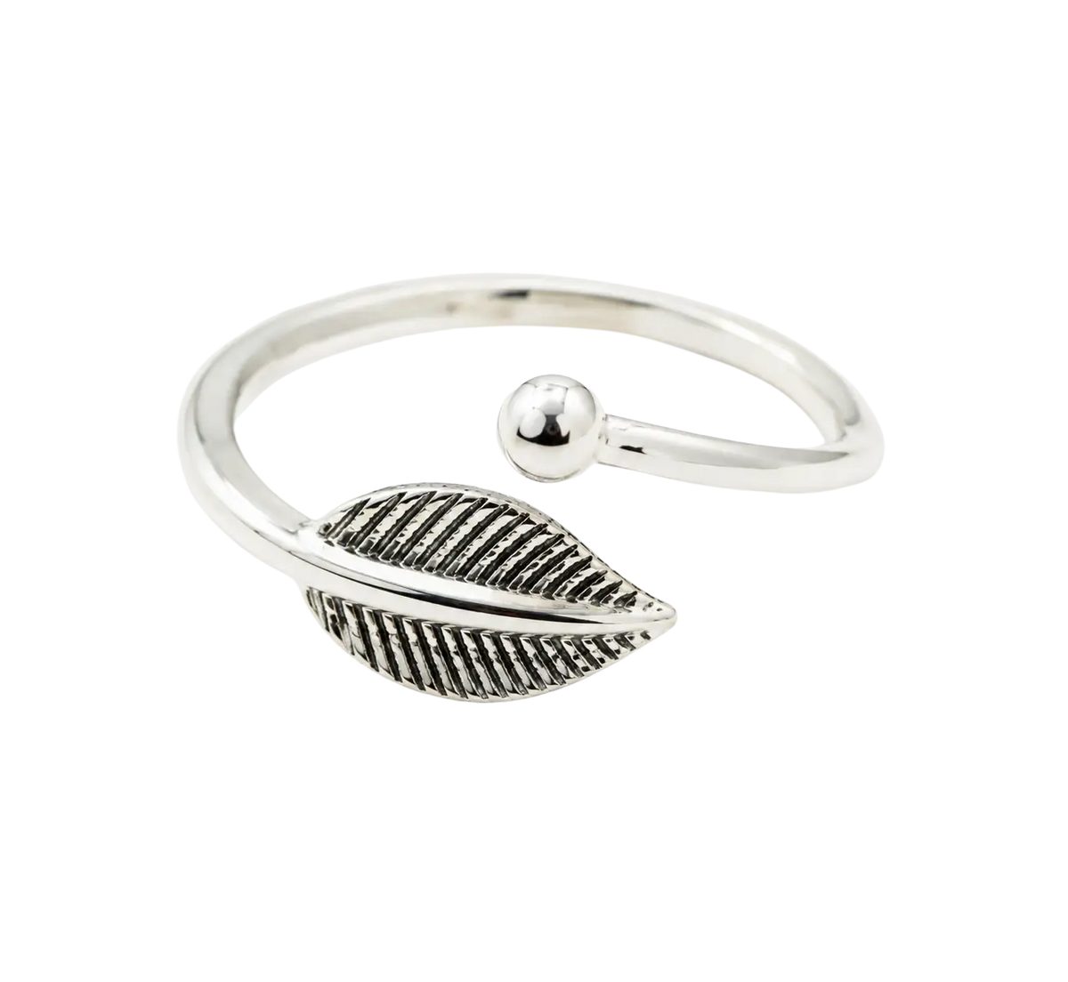 Verstellbarer Silber Fingerring mit Blattmotiv, symbolisiert Wandel und Natürlichkeit, von Shanti Enterprise, 16-19 mm.