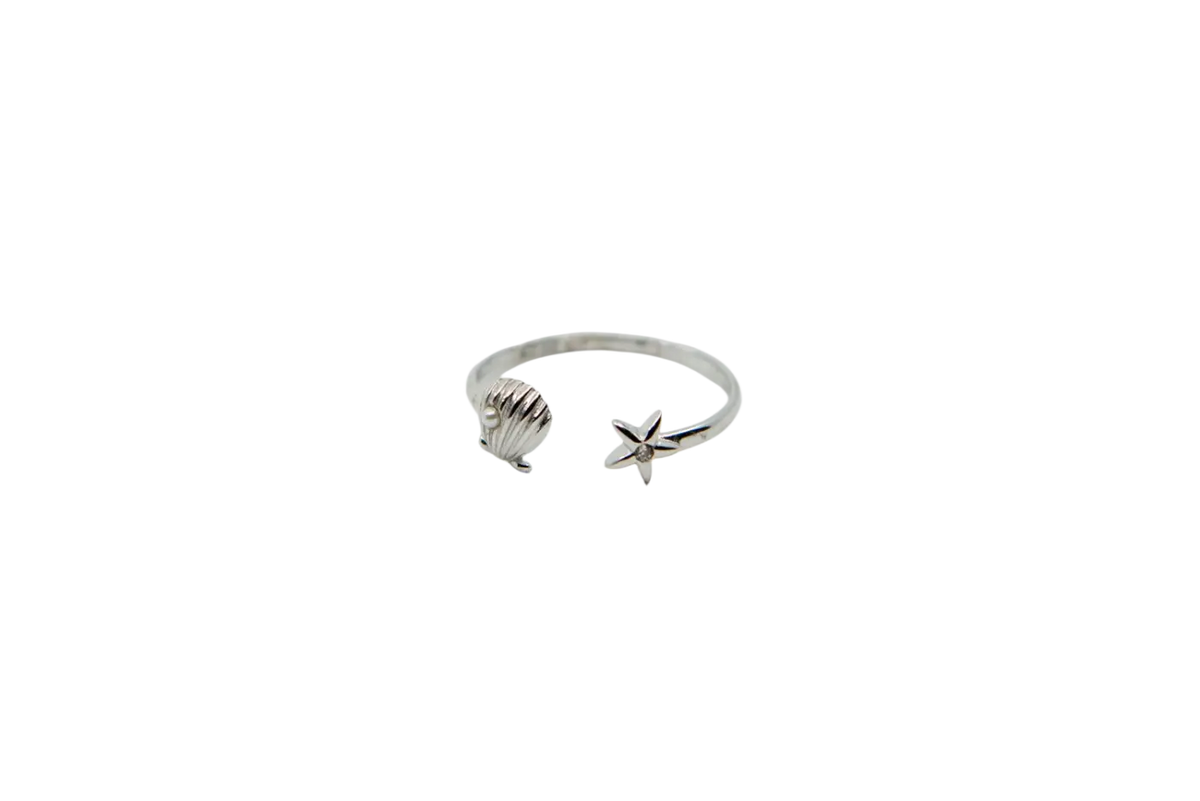 Verstellbarer Silber Fingerring mit Muschel und Seestern, handgefertigter Schmuck von Shanti Enterprise, 16,5–18,5 mm.