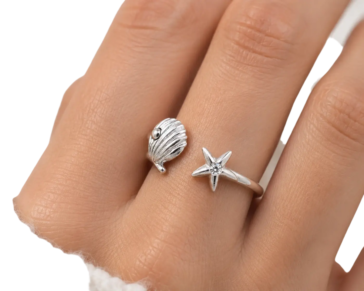 Silberring mit Muschel- und Seestern-Design, 925 Sterling Silber, Größe 54, eleganter Schmuck von Shanti Enterprise