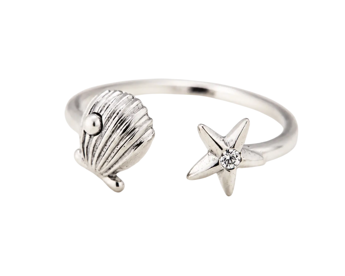 Silberring mit Muschel- und Seestern-Motiv aus 925 Sterling Silber, Größe 54, eleganter Schmuck von Shanti Enterprise