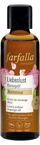 Farfalla aromacare liebeslust sinnliches massageöl amberfarben in glasflasche mit floralem etikett perfekt als organischer raumspray für intime momente