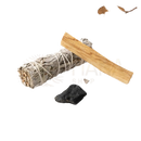 Smudge set mit lichtgrauem salbeibündel aus naturband für energetische reinigung und spirituelles geschenkset mit palo santo