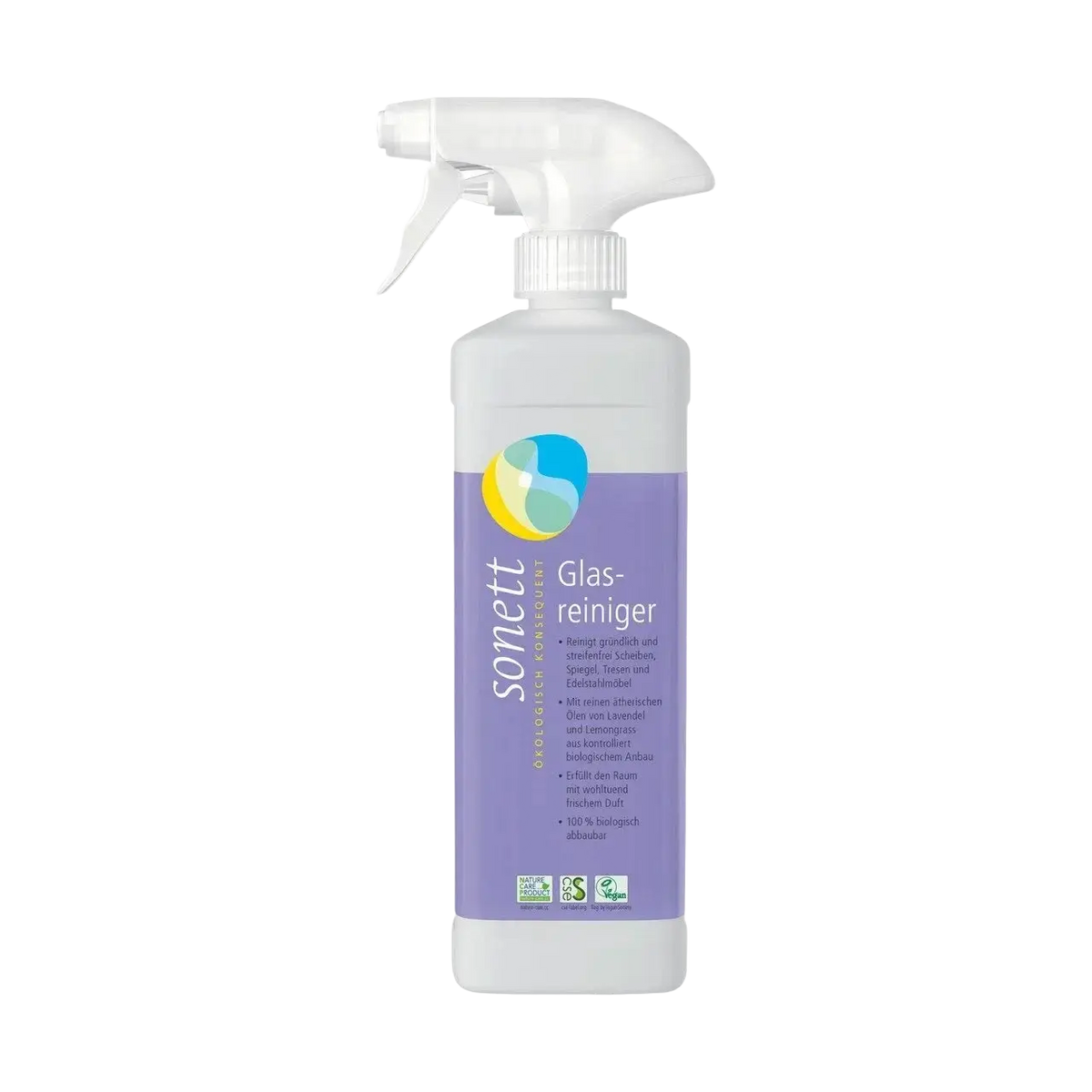 Sonett Glasreiniger Spray in 500 ml Flasche, natürlicher Glasreiniger für streifenfreien Glanz, zeigt die Sprayflasche vor einem Fenster.