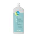 A translucent white plastic bottle with pump dispenser and light blue sonett label for hand disinfection from mana shop