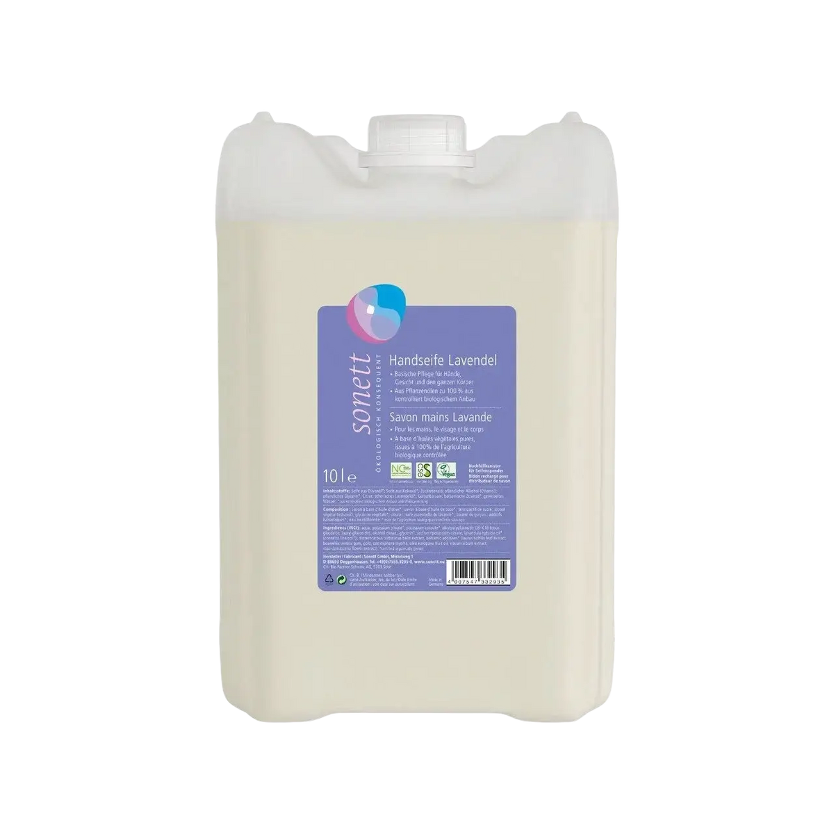 Sonett Handseife Lavendel, 10-Liter-Bidon, natürliche Seife mit Lavendelduft für die Handwäsche, umweltfreundlich und biologisch abbaubar