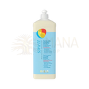 Sonett handseife sensitiv 1l nachfüllflasche aus durchsichtigem kunststoff mit weißem pumpspender und blauem label organic olive oil verfügbar bei mana shop