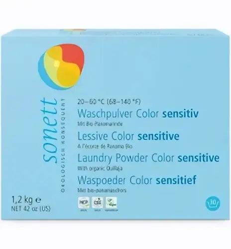 Lichtblauer rechteckiger sonett waschmittel pulver konzentrat 1,2 kg für farbsensible wäsche mit mehrsprachigem text und logo in mana shop image to zoom