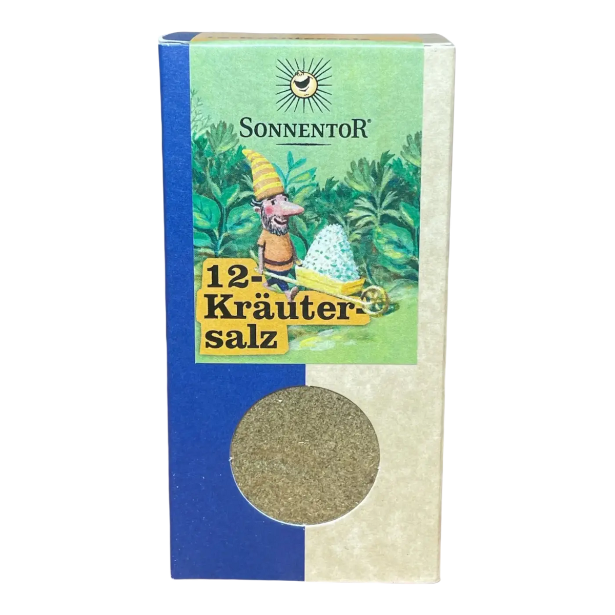 Sonnentor 12-Kräutersalz aus Meersalz mit bunten Kräutern, biologisch aus der EU, in einer Gewürzdose.