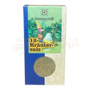 Sonnentor 12-kraut salz bio gewürzsalz im blauen und beigen karton mit rundem fenster und grünen granulat