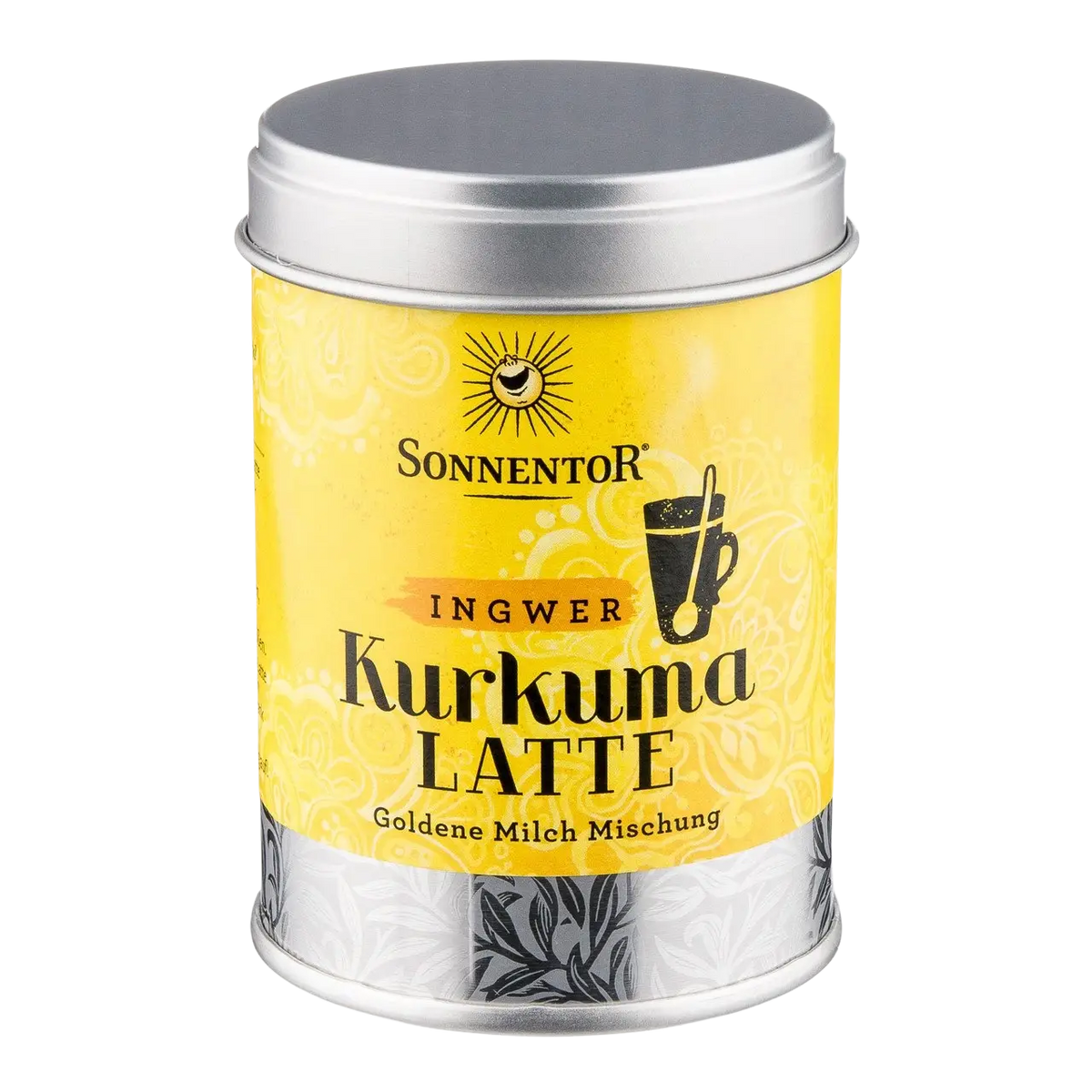 Leuchtend gelbes Kurkuma Latte Gewürz von Sonnentor mit Ingwer, Bio-Qualität, 60g, in einer Verpackung.