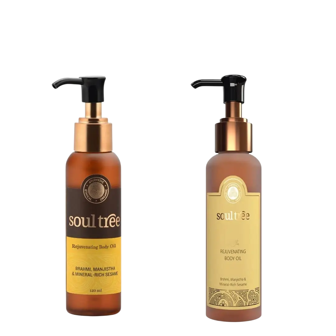 Anti-Falten Körperöl von Soultree, verjüngendes Ayurveda-Öl mit Bernsteinfarbe, für geschmeidige Haut.