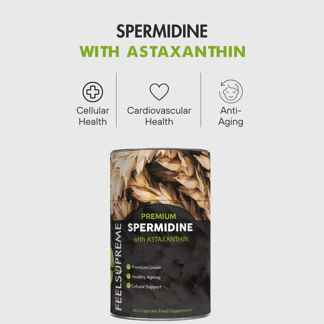 Nahrungsergänzungsmittel Spermidine mit Astaxanthin von Feel Supreme, fördert Zellgesundheit und Langlebigkeit, in einer Dose.