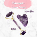 Lila amethyst jade roller mit goldfarbenem metallrahmen und griff spiky jade von mana shop